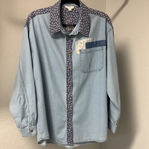 Easel Floral Printed Washed Denim Chambray Patched Loose Fit Size Large - Picture 5 of 8